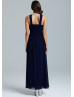 Navy Blue Chiffon Beads Cross Neckline Long Prom Dress